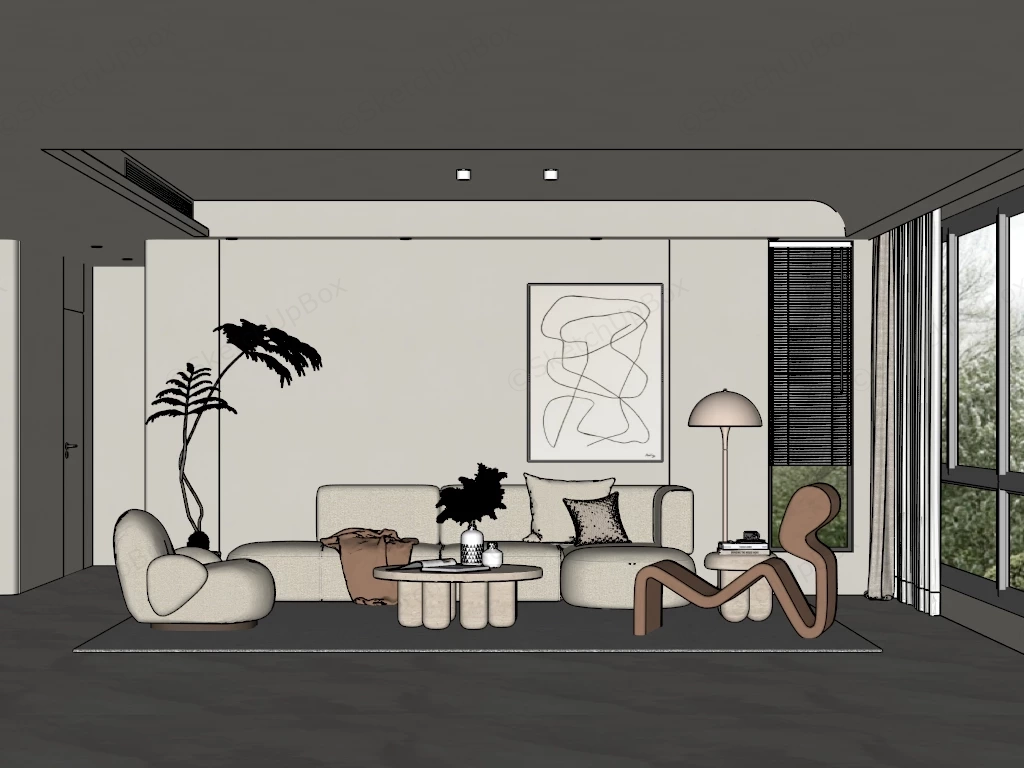 Modern Cream Japandi Living Room Scene Sketchup 3D Model Preview - SketchupBox