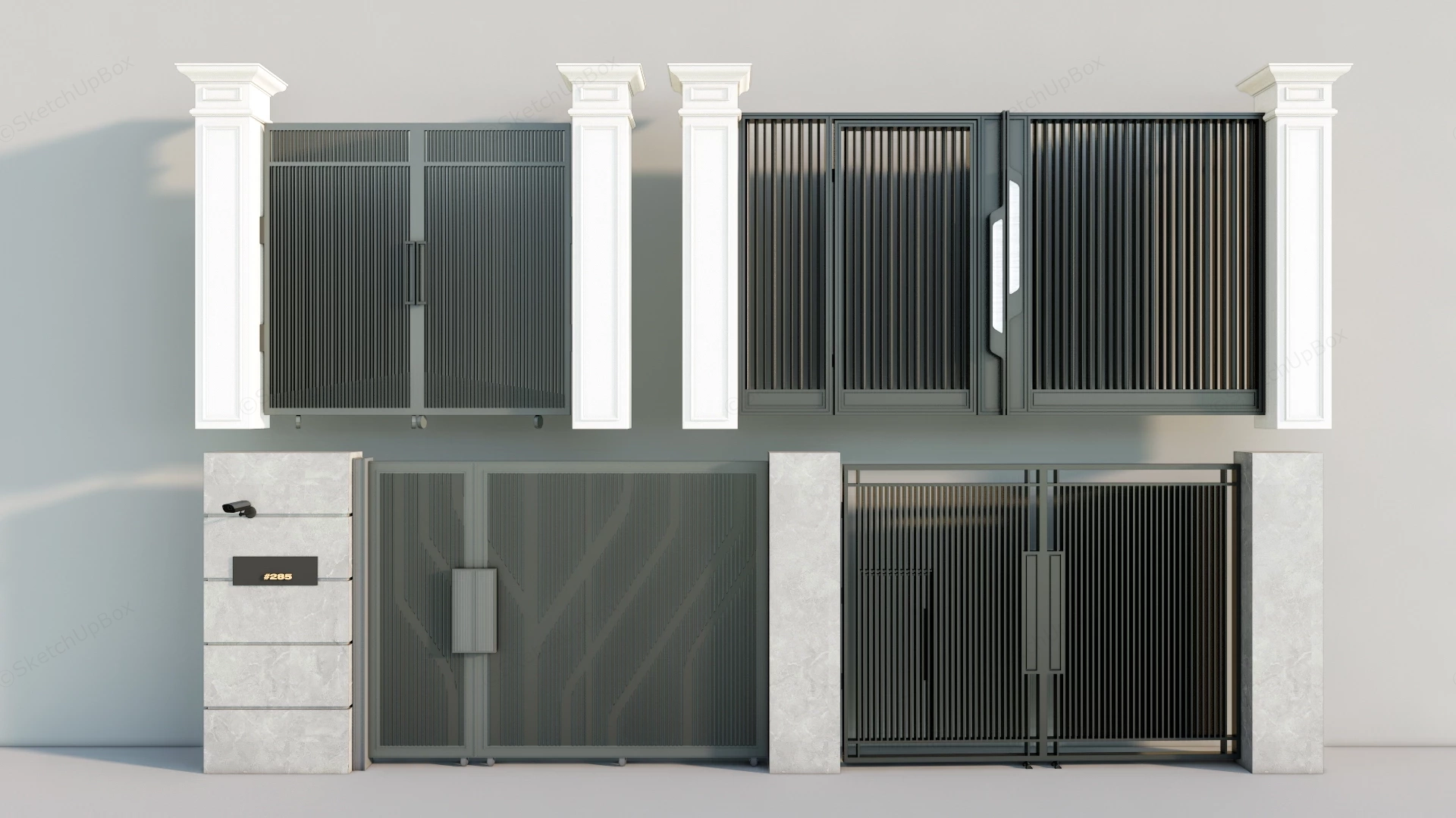 Modern Minimalist Slatted Metal Driveway Gate Collection Sketchup 3D Model Preview - SketchupBox