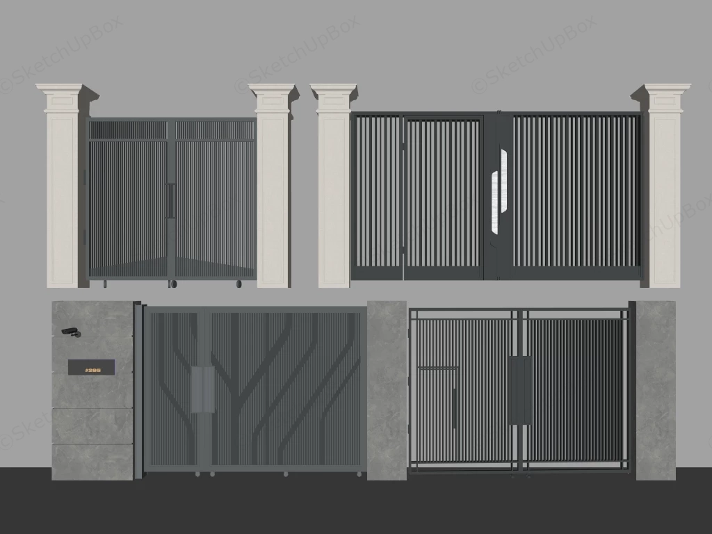 Modern Minimalist Slatted Metal Driveway Gate Collection Sketchup 3D Model Preview - SketchupBox
