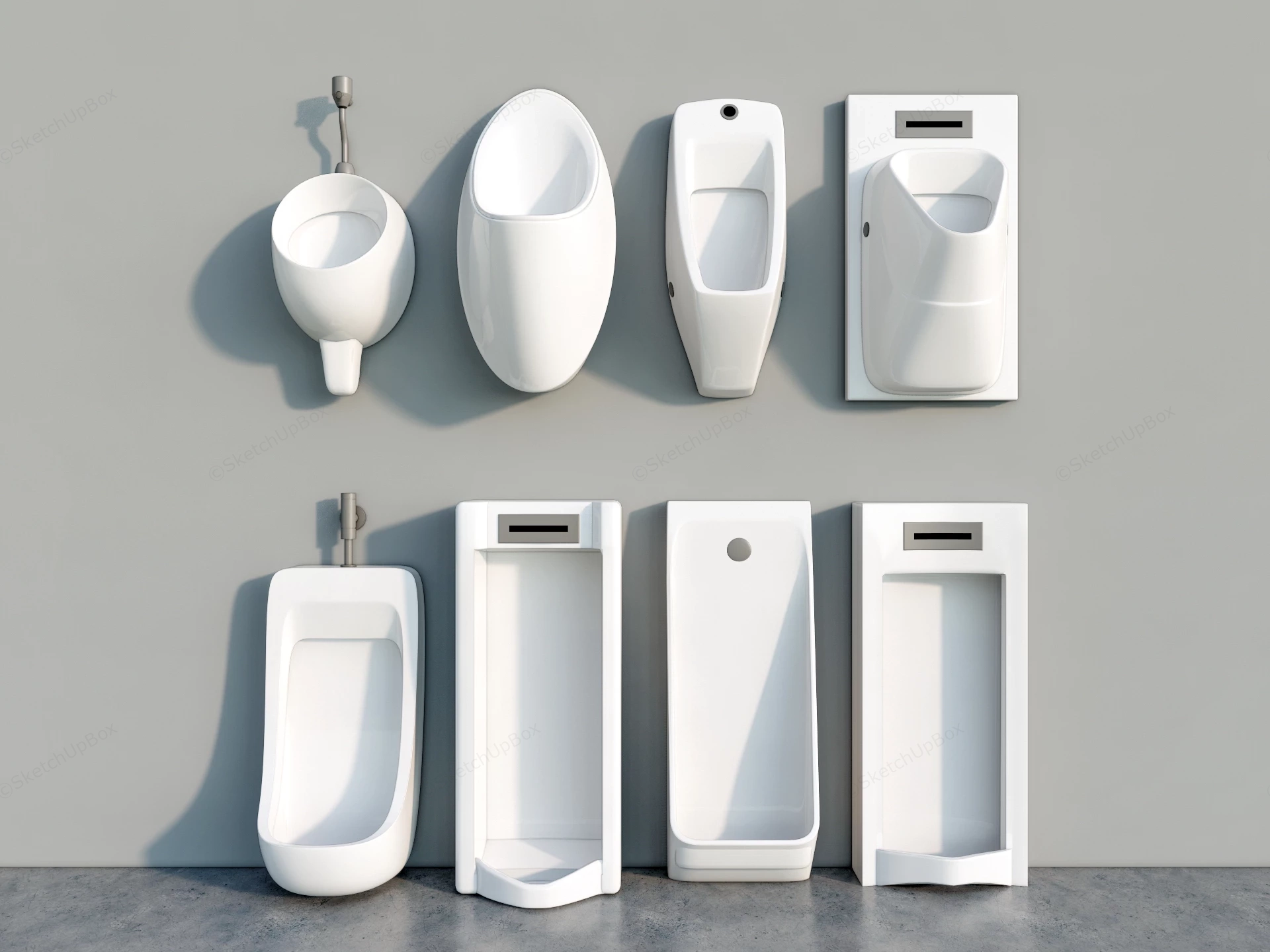 Modern Commercial Ceramic Urinal Fixture Collection Sketchup 3D Model Preview - SketchupBox