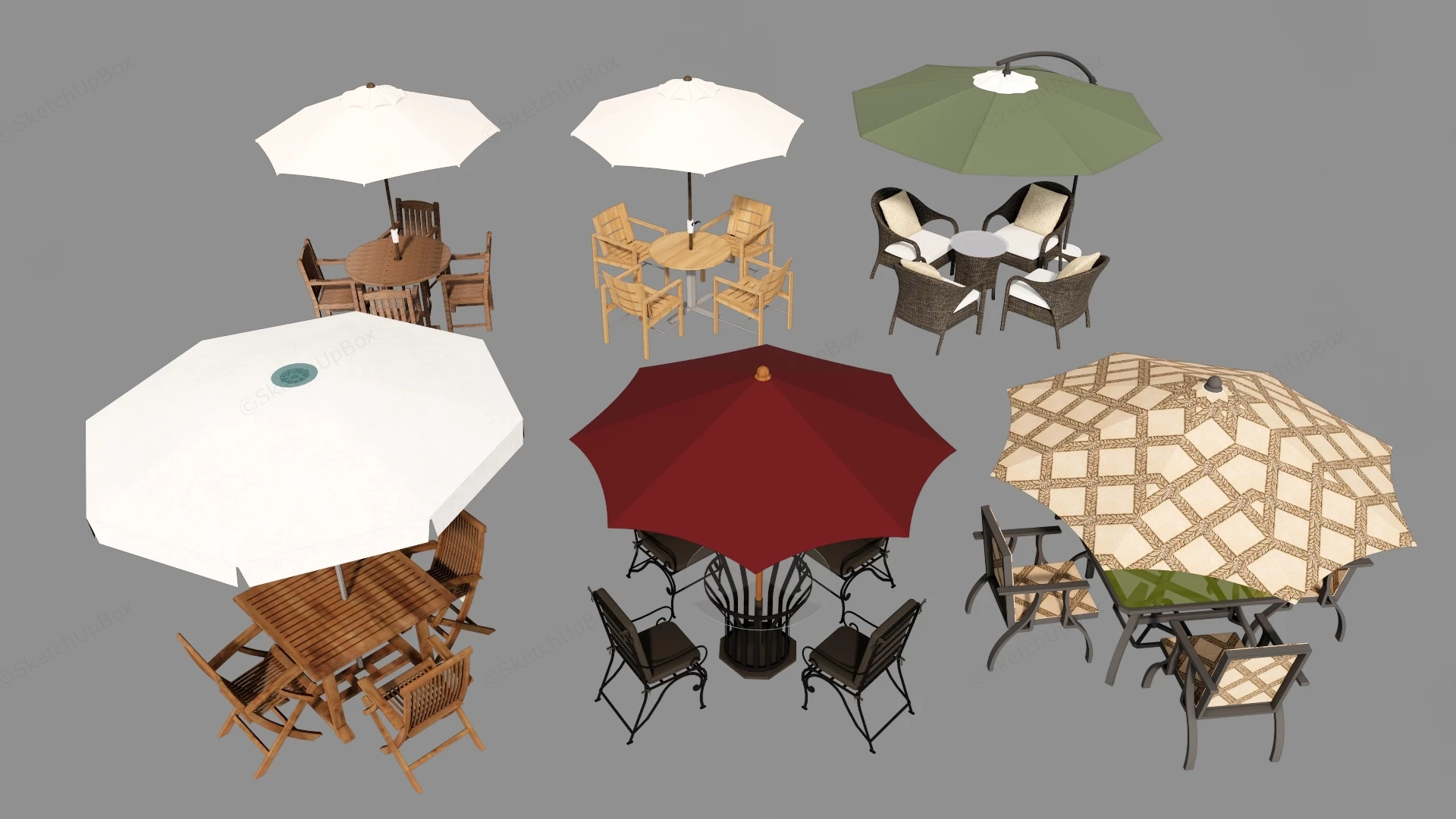 Modern Outdoor Patio Parasol & Dining Table Collection Sketchup 3D Model Preview - SketchupBox