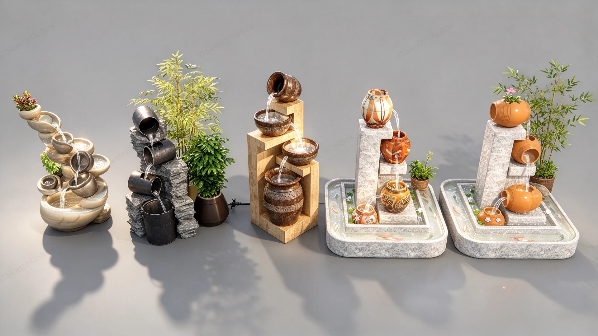 Asian Zen Cascading Pottery & Stone Water Fountain Collection Sketchup 3D Model Preview - SketchupBox