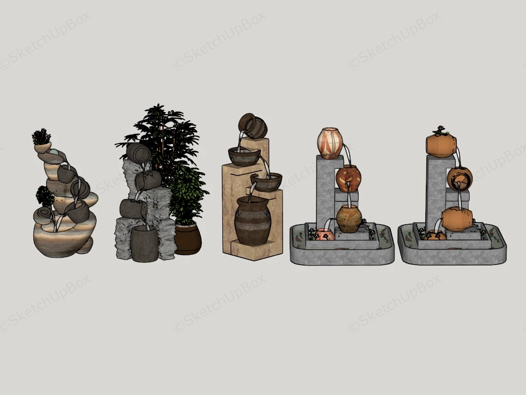 Asian Zen Cascading Pottery & Stone Water Fountain Collection Sketchup 3D Model Preview - SketchupBox