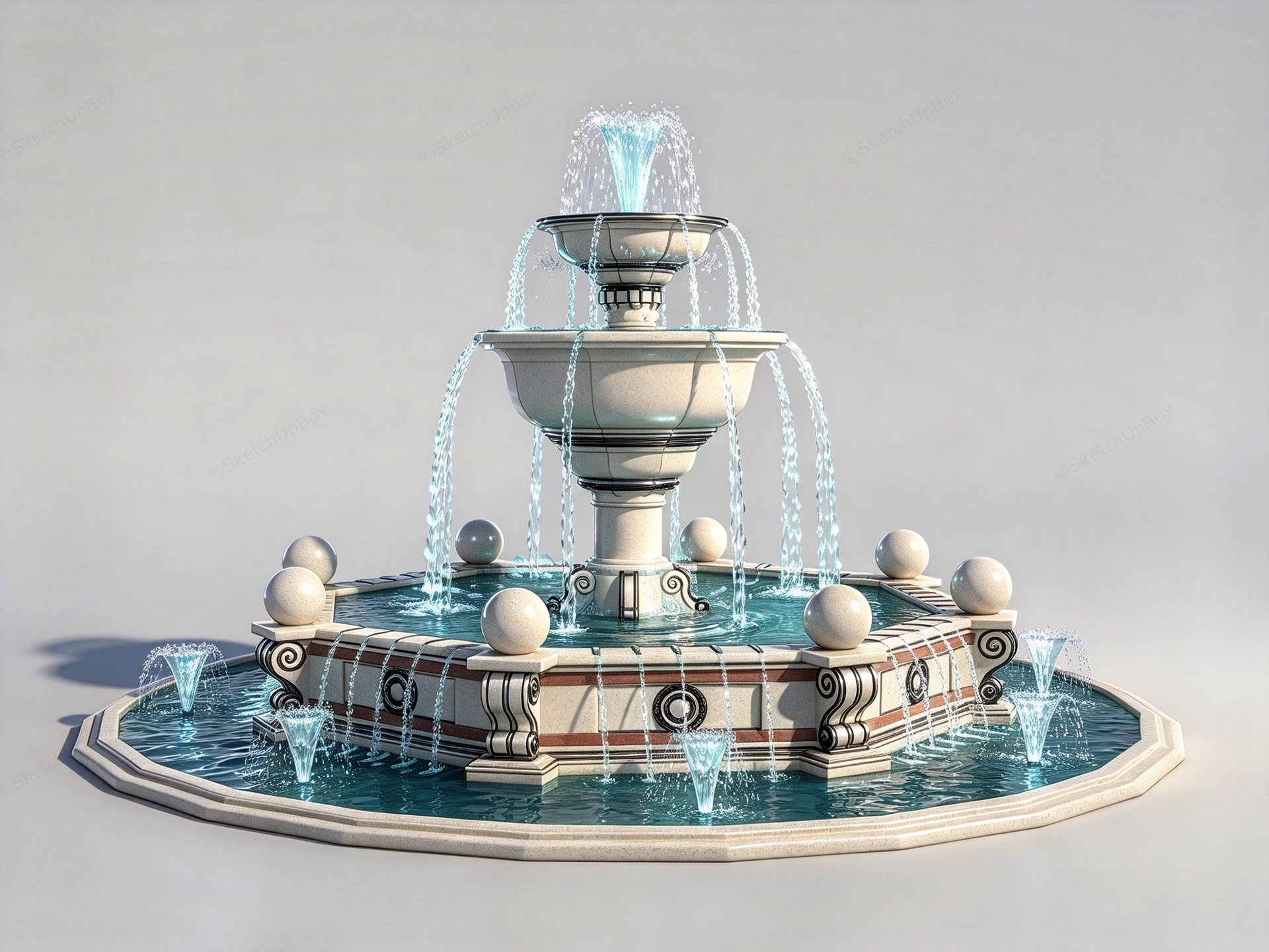 Classical Multi Tiered Octagonal Stone Fountain Sketchup 3D Model Preview - SketchupBox
