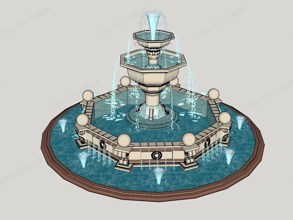 Classical Multi Tiered Octagonal Stone Fountain Sketchup 3D Model Preview - SketchupBox