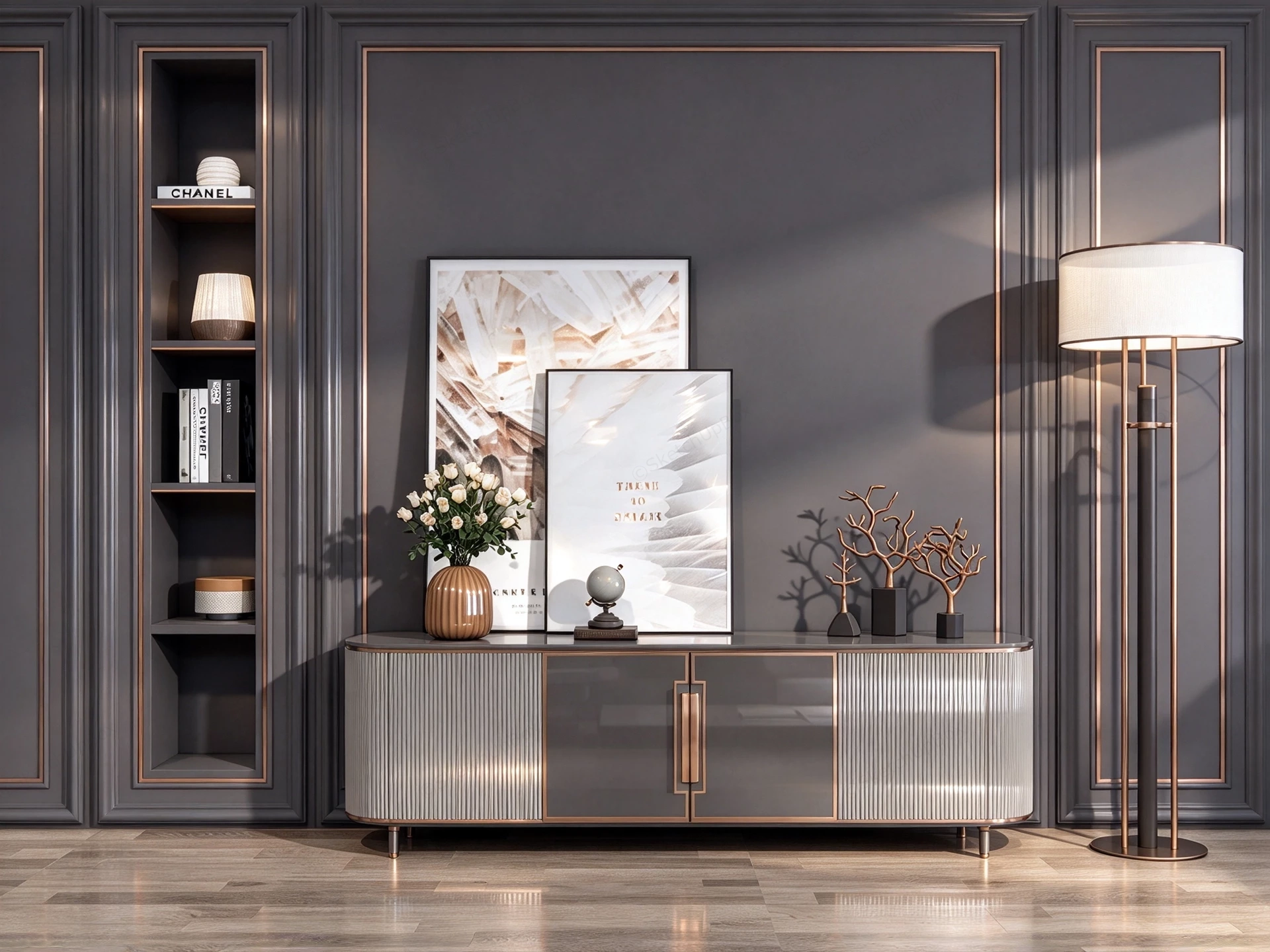 Modern Luxury Dark Charcoal Credenza Sketchup 3D Model Preview - SketchupBox