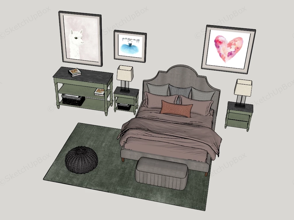 Classical Tufted Upholstered Bedroom Suite Sketchup 3D Model Preview - SketchupBox