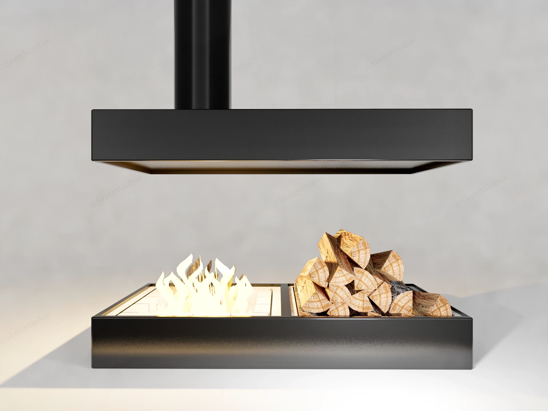 Modern Suspended Island Fireplace & Firewood Log Base Sketchup 3D Model Preview - SketchupBox
