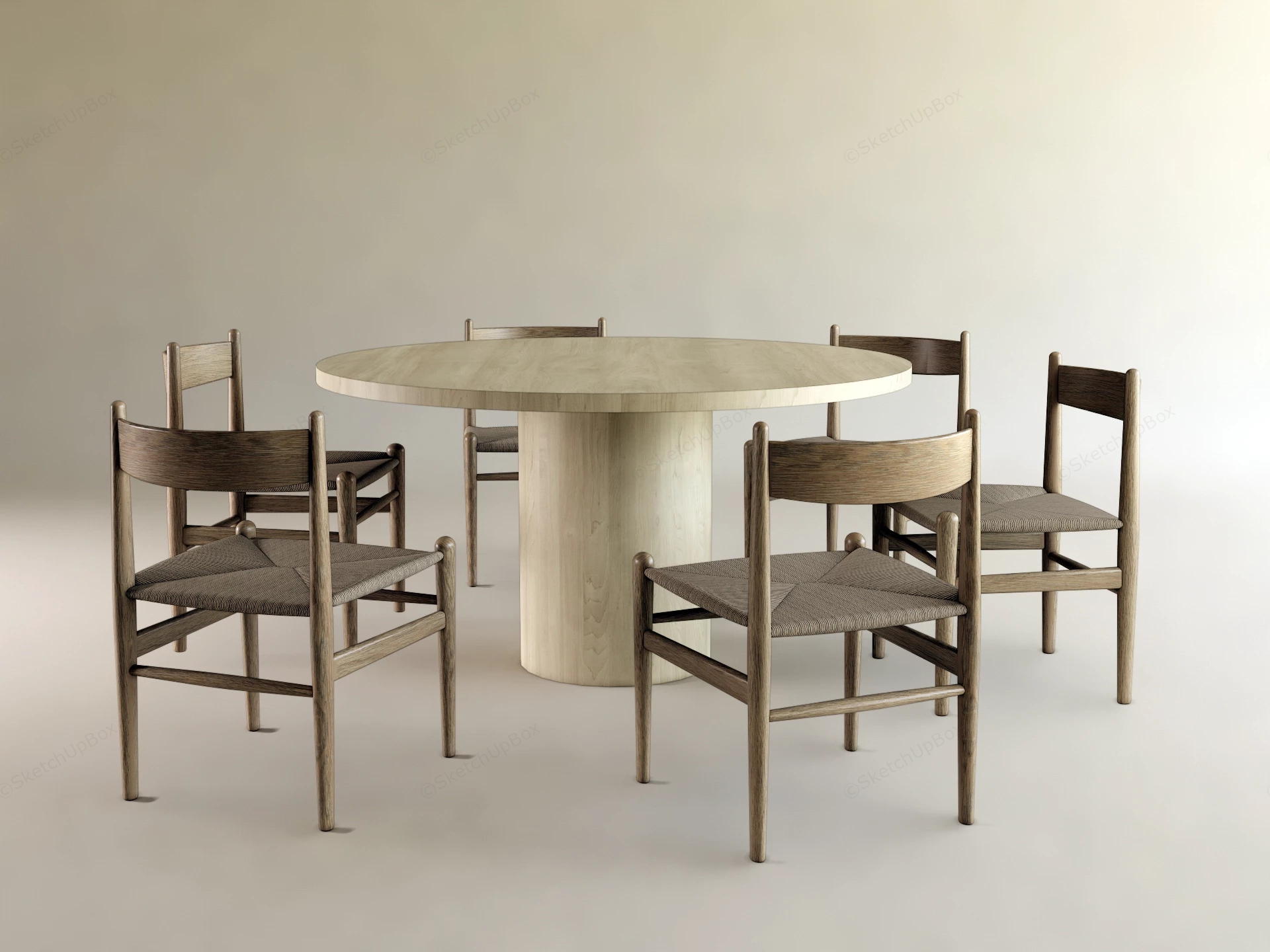 Japandi Wooden Round Dining Table And Woven Chair Set Sketchup 3D Model Preview - SketchupBox
