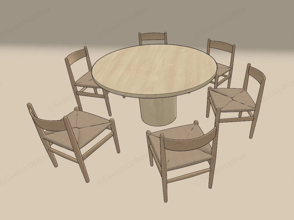 Japandi Wooden Round Dining Table And Woven Chair Set Sketchup 3D Model Preview - SketchupBox