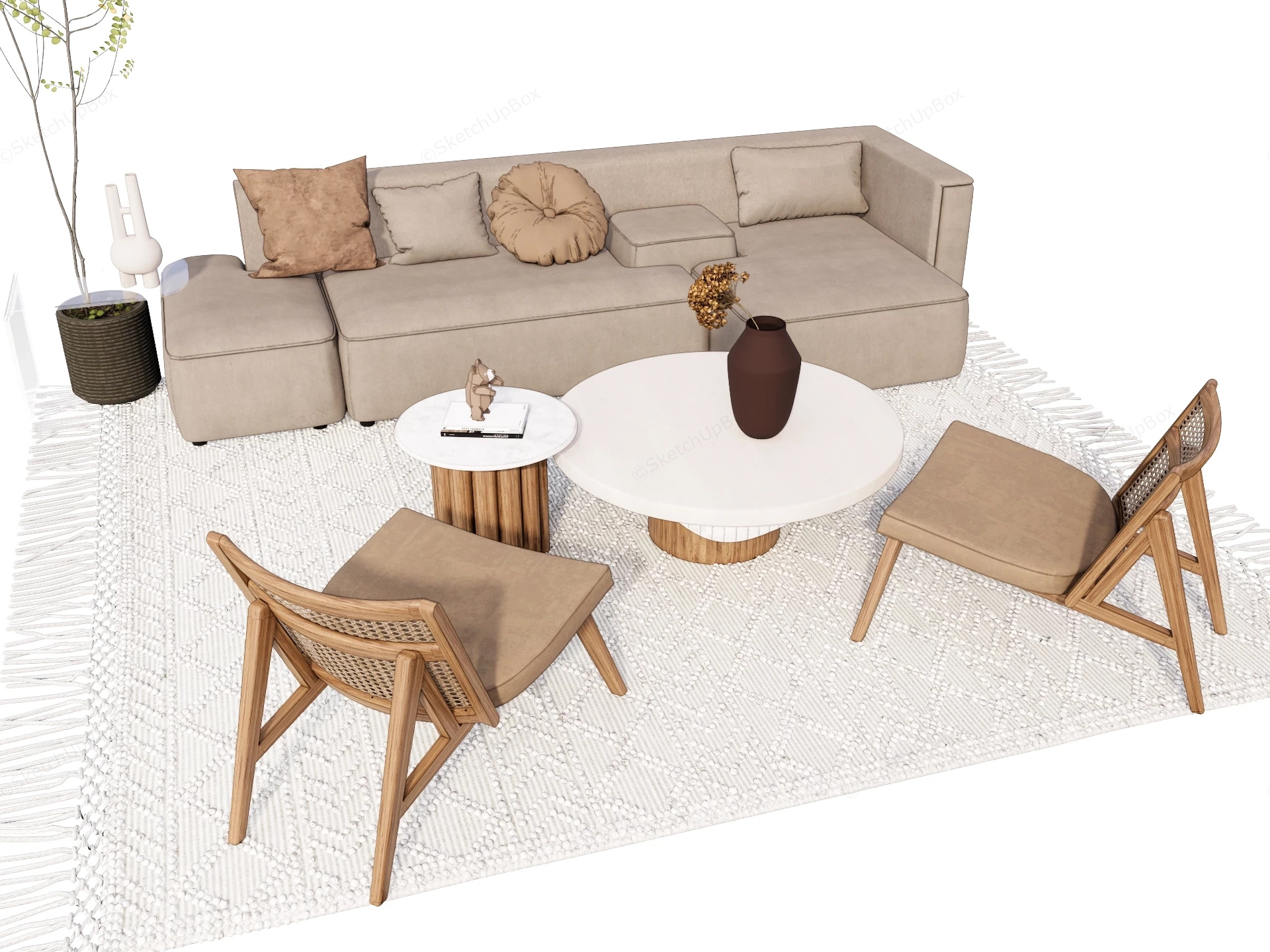 Japandi Low Profile Sofa And Cane Lounge Chair Living Room Set Sketchup 3D Model Preview - SketchupBox