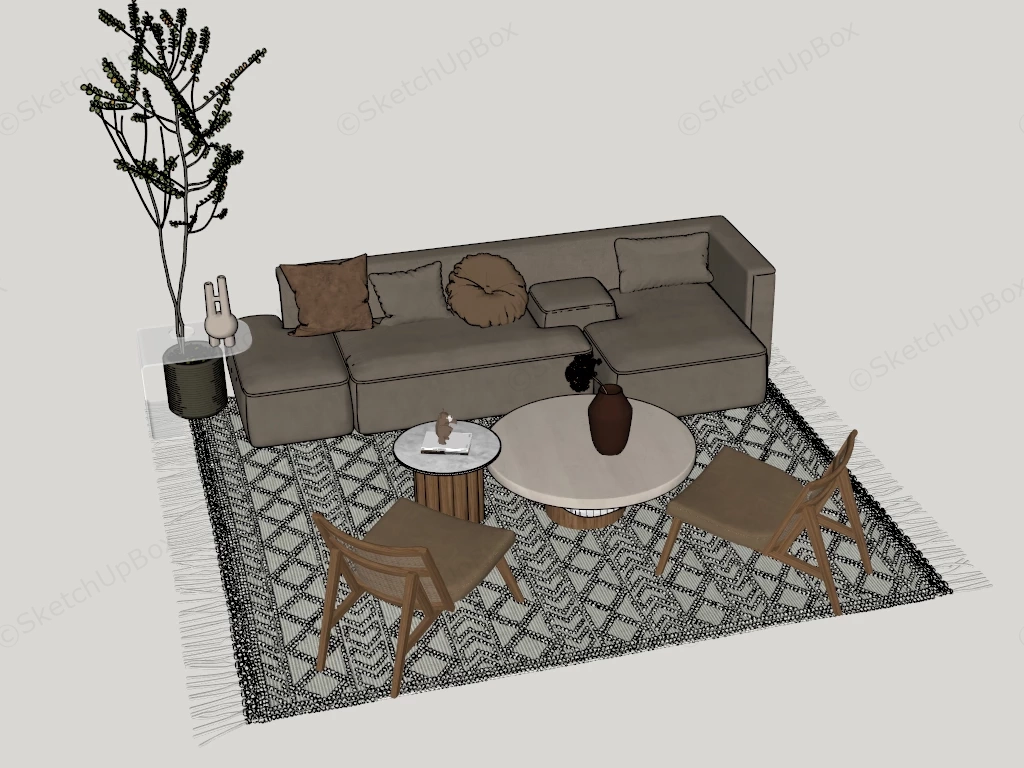 Japandi Low Profile Sofa And Cane Lounge Chair Living Room Set Sketchup 3D Model Preview - SketchupBox