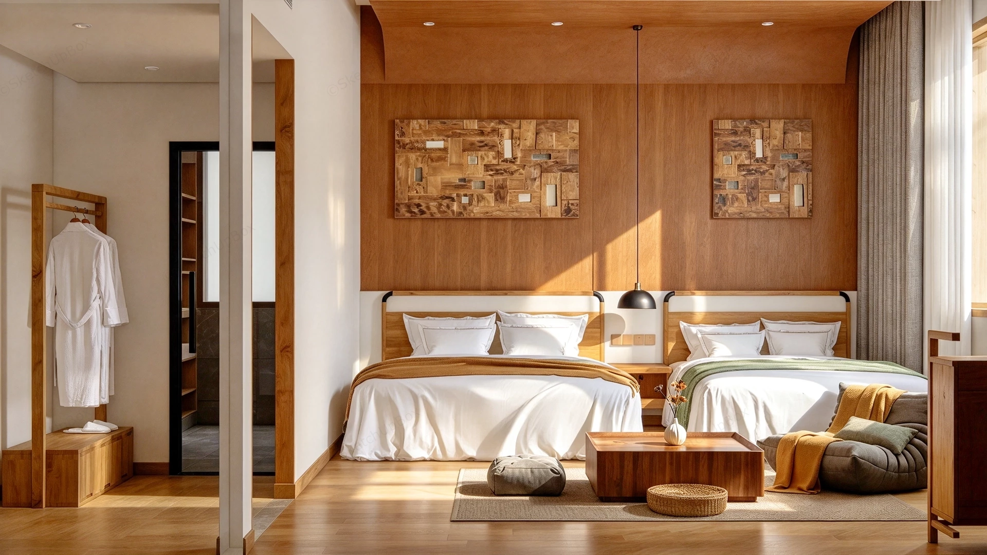 Japandi Twin Hotel Suite Bedroom Interior Scene Sketchup 3D Model Preview - SketchupBox