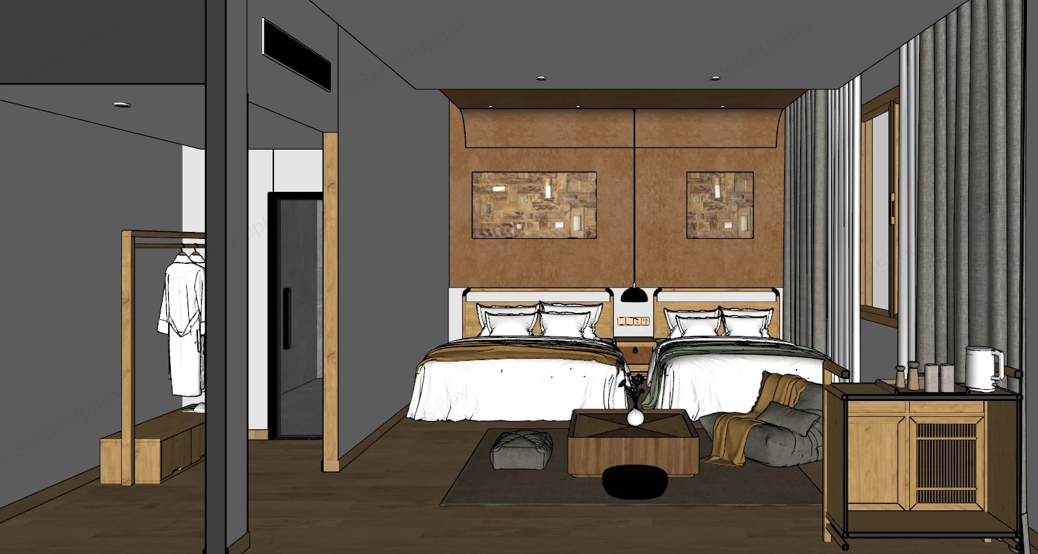 Japandi Twin Hotel Suite Bedroom Interior Scene Sketchup 3D Model Preview - SketchupBox