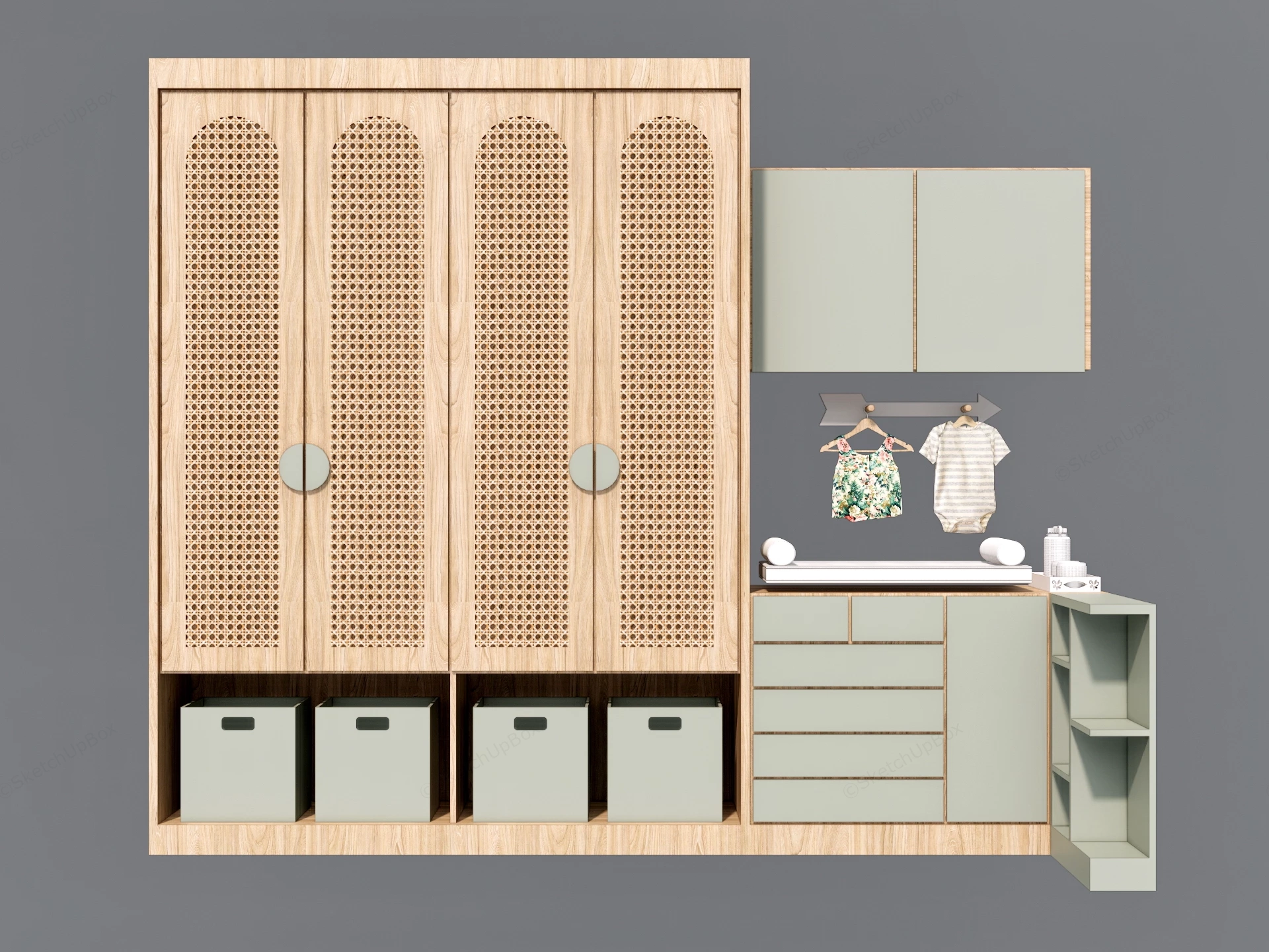 Japandi Rattan Nursery Wardrobe & Changing Station Sketchup 3D Model Preview - SketchupBox