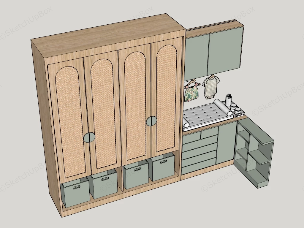 Japandi Rattan Nursery Wardrobe & Changing Station Sketchup 3D Model Preview - SketchupBox