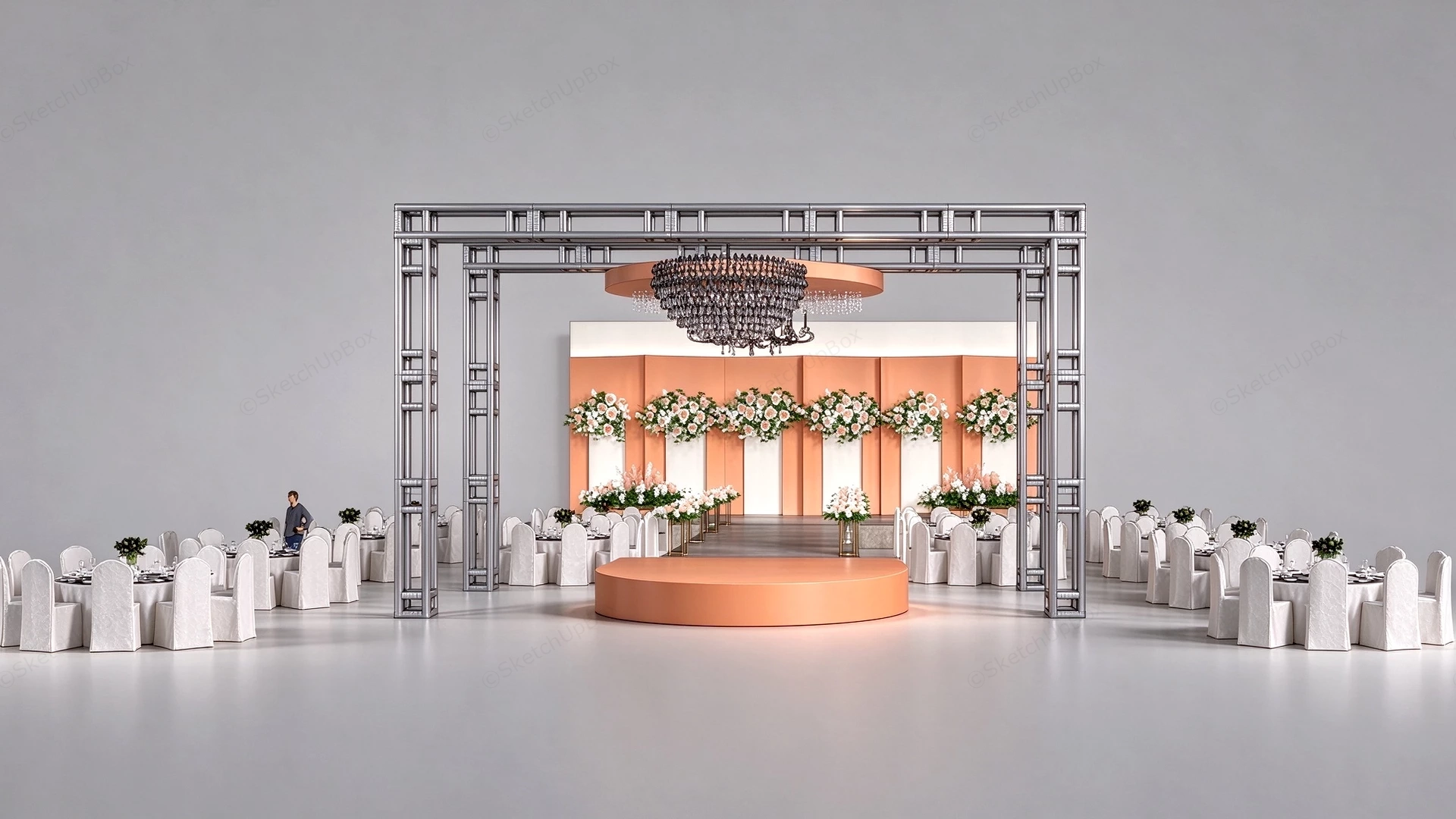 Grand Wedding Stage & Banquet Hall Layout Sketchup 3D Model Preview - SketchupBox