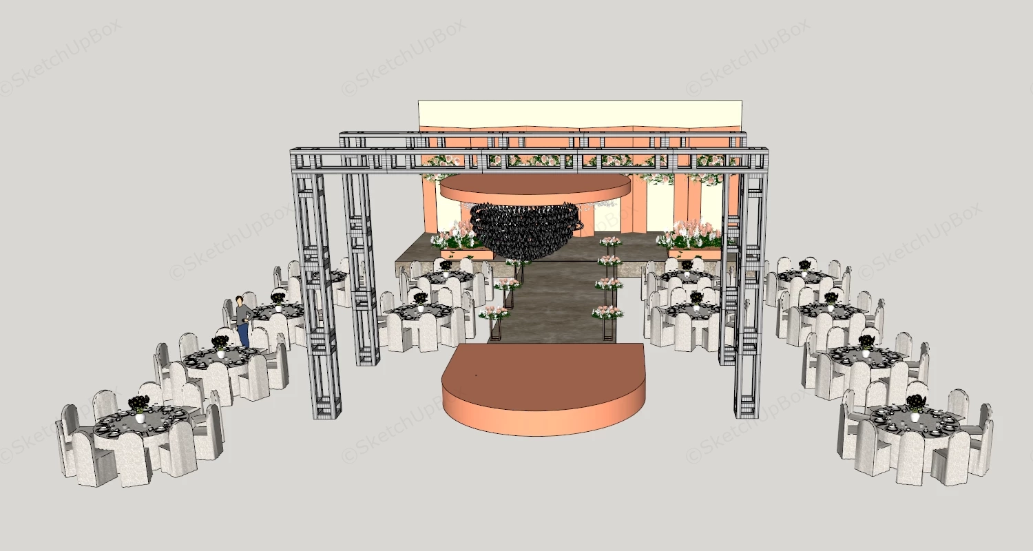 Grand Wedding Stage & Banquet Hall Layout Sketchup 3D Model Preview - SketchupBox