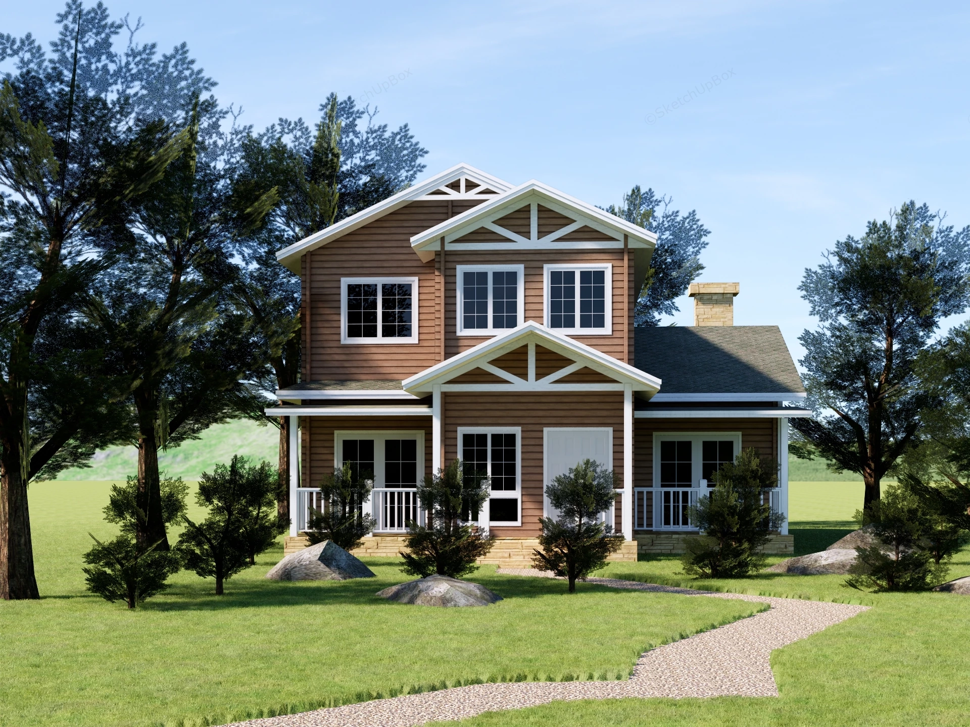 Craftsman Two Story Wooden Suburban House Sketchup 3D Model Preview - SketchupBox