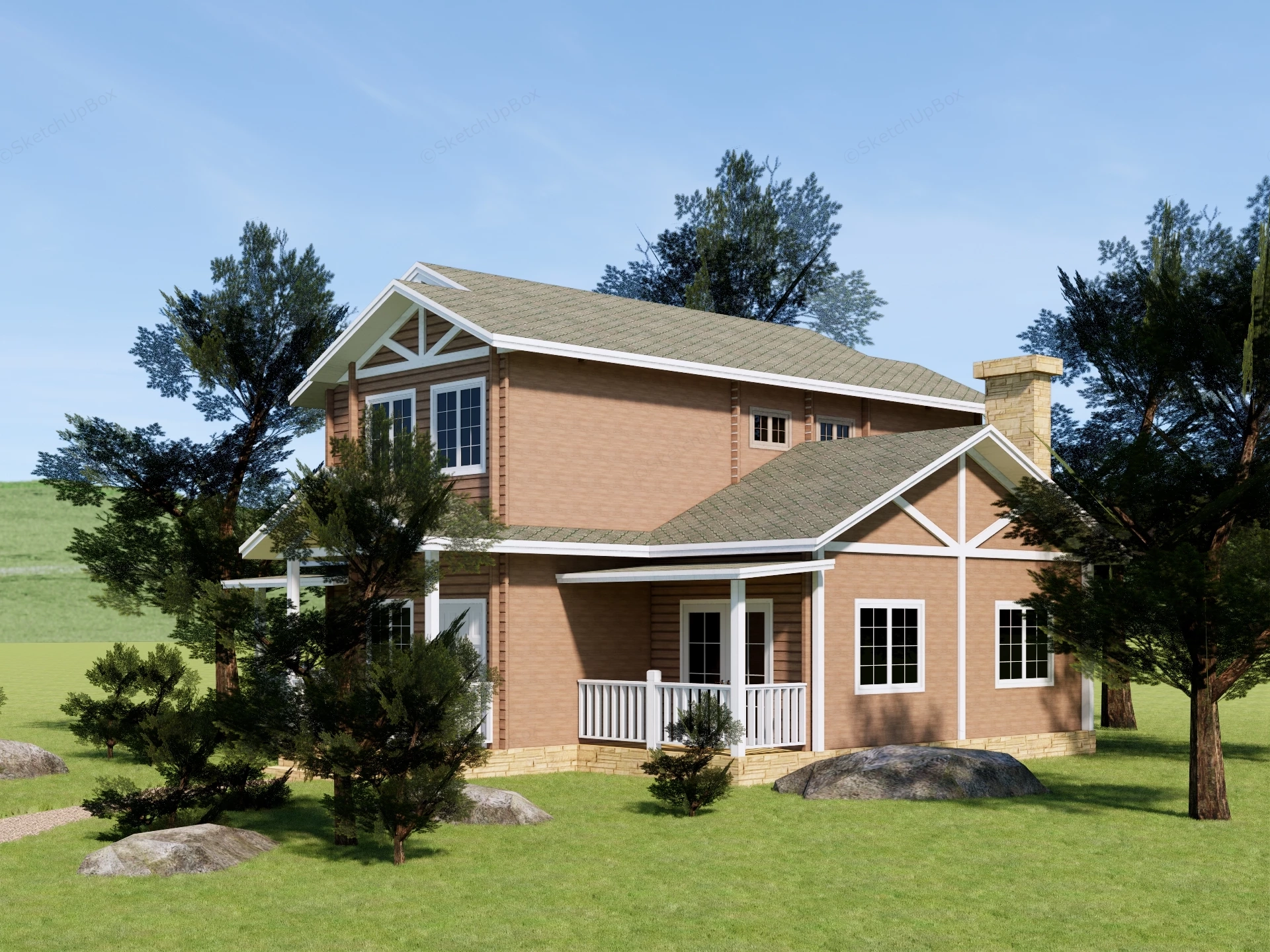 Craftsman Two Story Wooden Suburban House Sketchup 3D Model Preview - SketchupBox