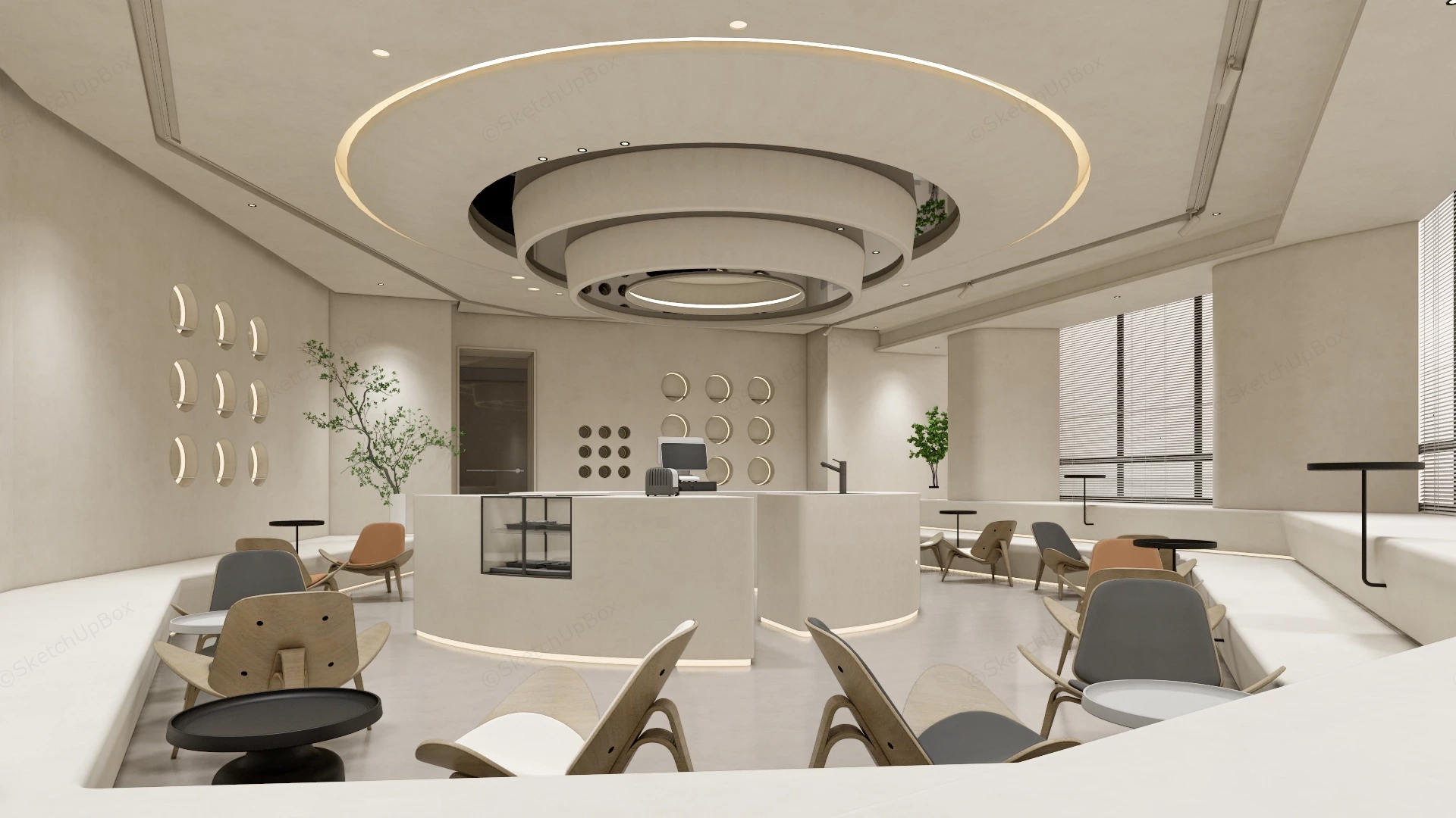 Minimalist Curved Cafe & Service Lounge Interior Sketchup 3D Model Preview - SketchupBox
