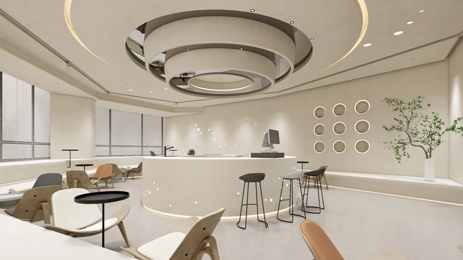 Minimalist Curved Cafe & Service Lounge Interior Sketchup 3D Model Preview - SketchupBox