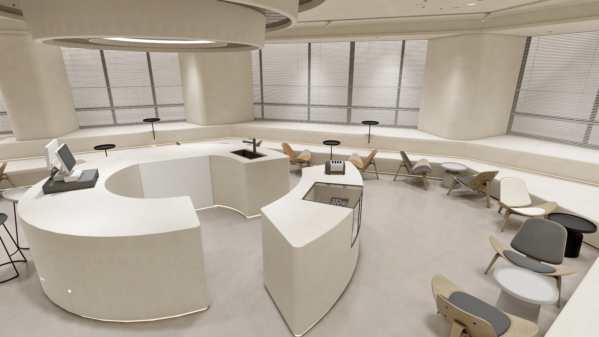 Minimalist Curved Cafe & Service Lounge Interior Sketchup 3D Model Preview - SketchupBox
