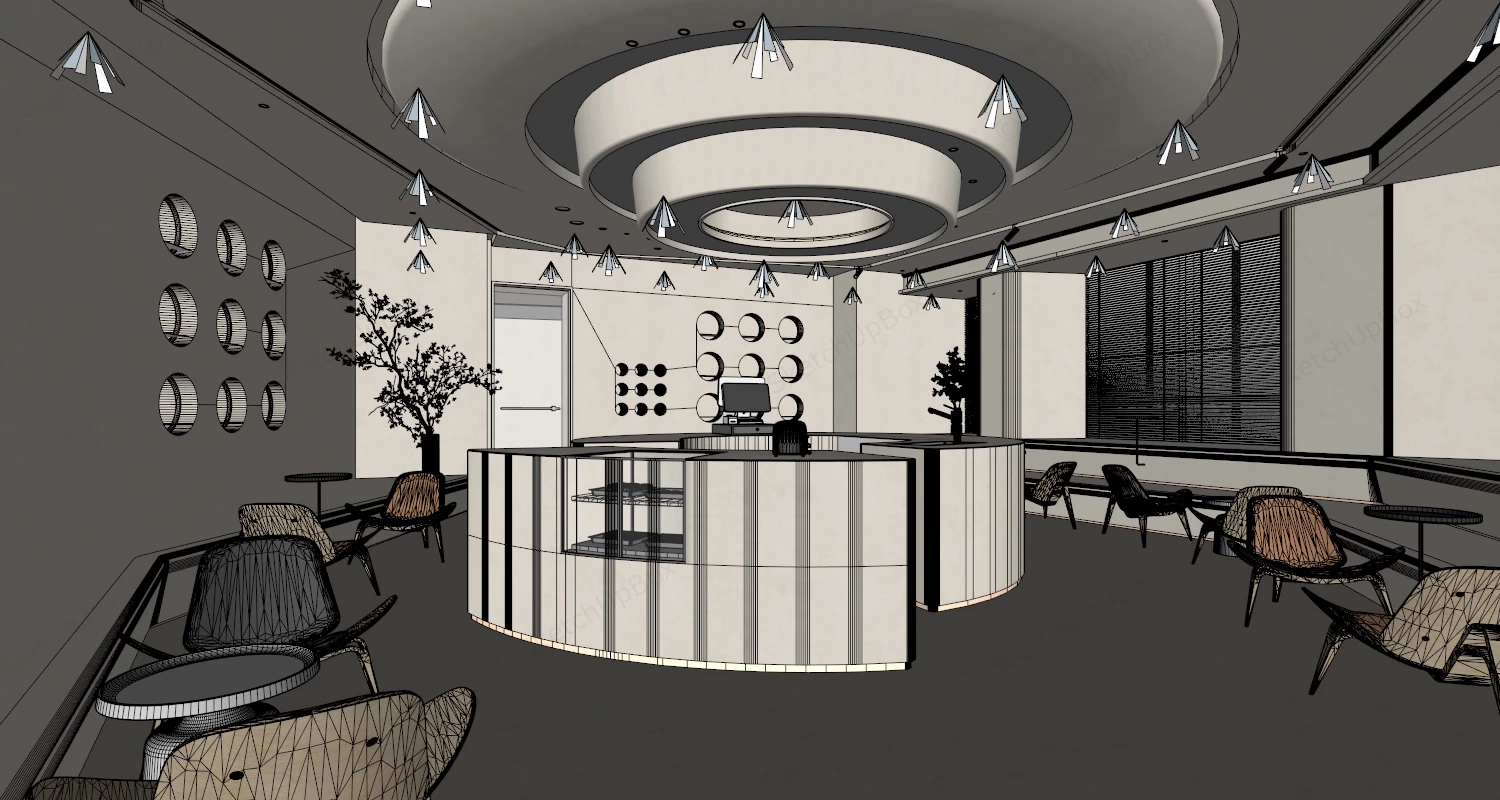 Minimalist Curved Cafe & Service Lounge Interior Sketchup 3D Model Preview - SketchupBox