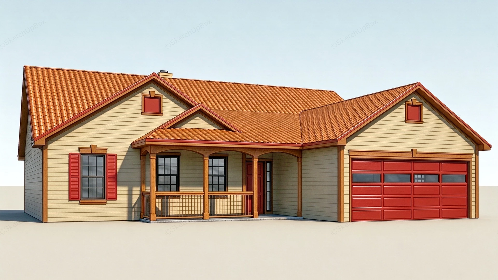 American Suburban Single Story House Sketchup 3D Model Preview - SketchupBox