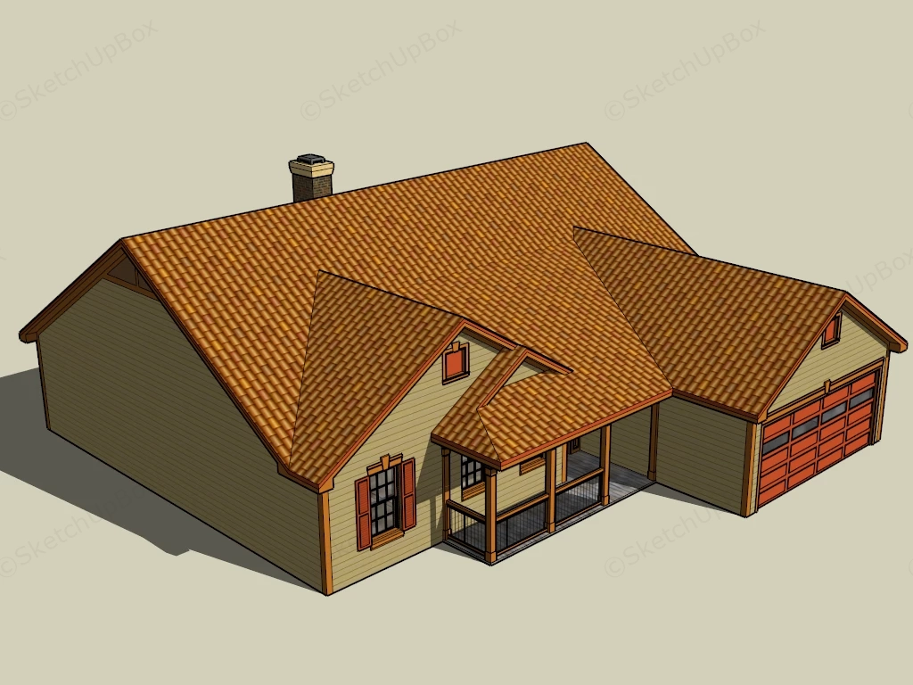 American Suburban Single Story House Sketchup 3D Model Preview - SketchupBox
