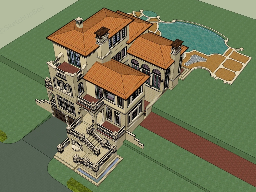 Mediterranean Tuscan Villa Estate Sketchup 3D Model Preview - SketchupBox