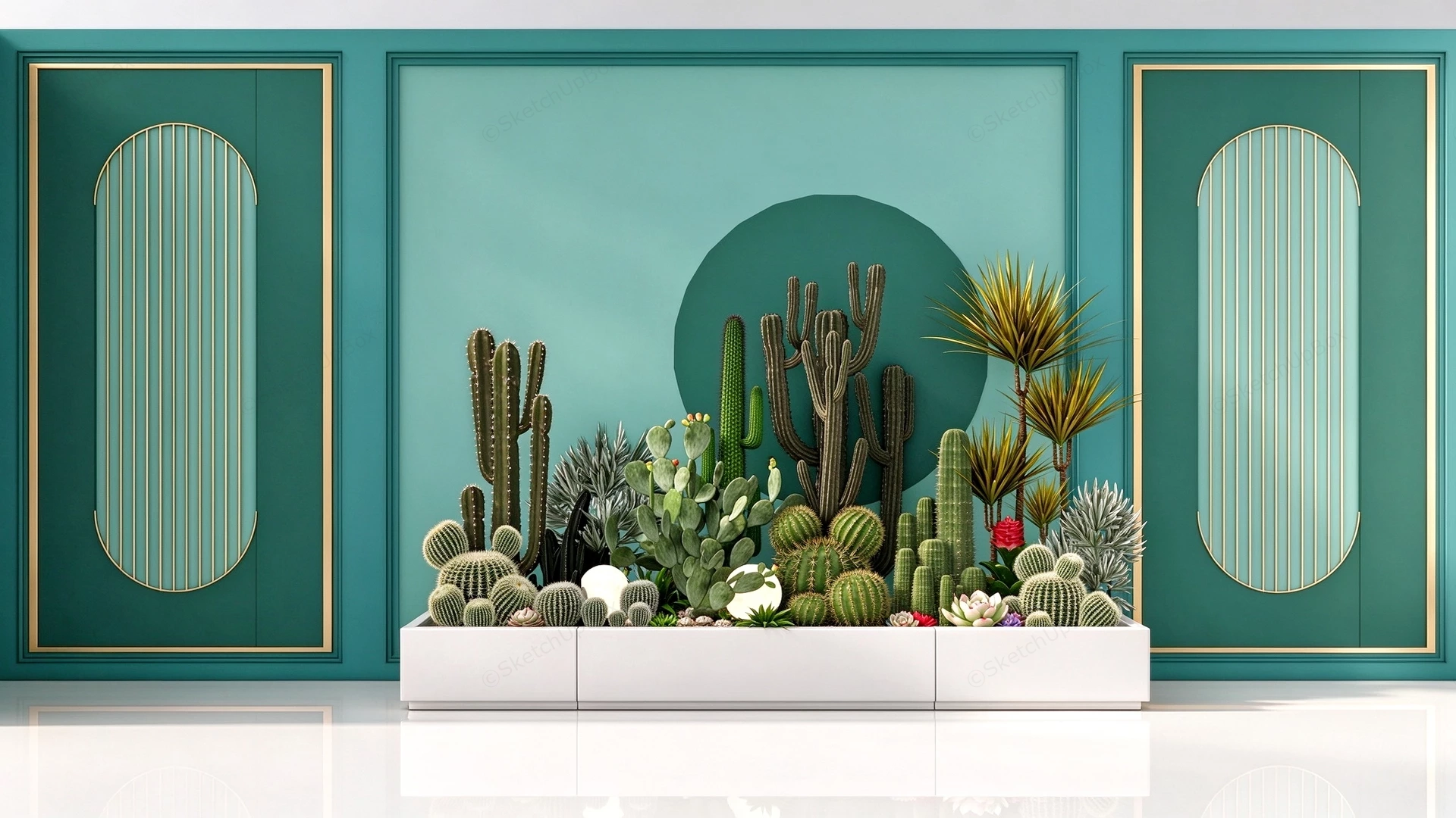 Modern Biophilic Cactus Planter & Wall Panel Feature Sketchup 3D Model Preview - SketchupBox