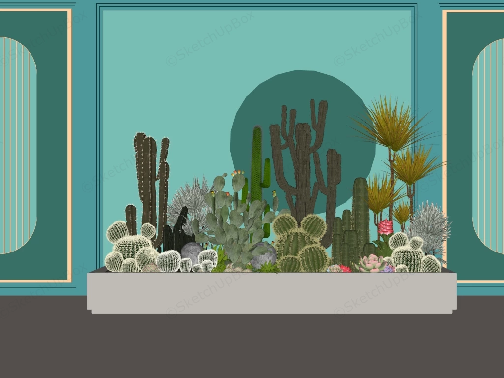 Modern Biophilic Cactus Planter & Wall Panel Feature Sketchup 3D Model Preview - SketchupBox