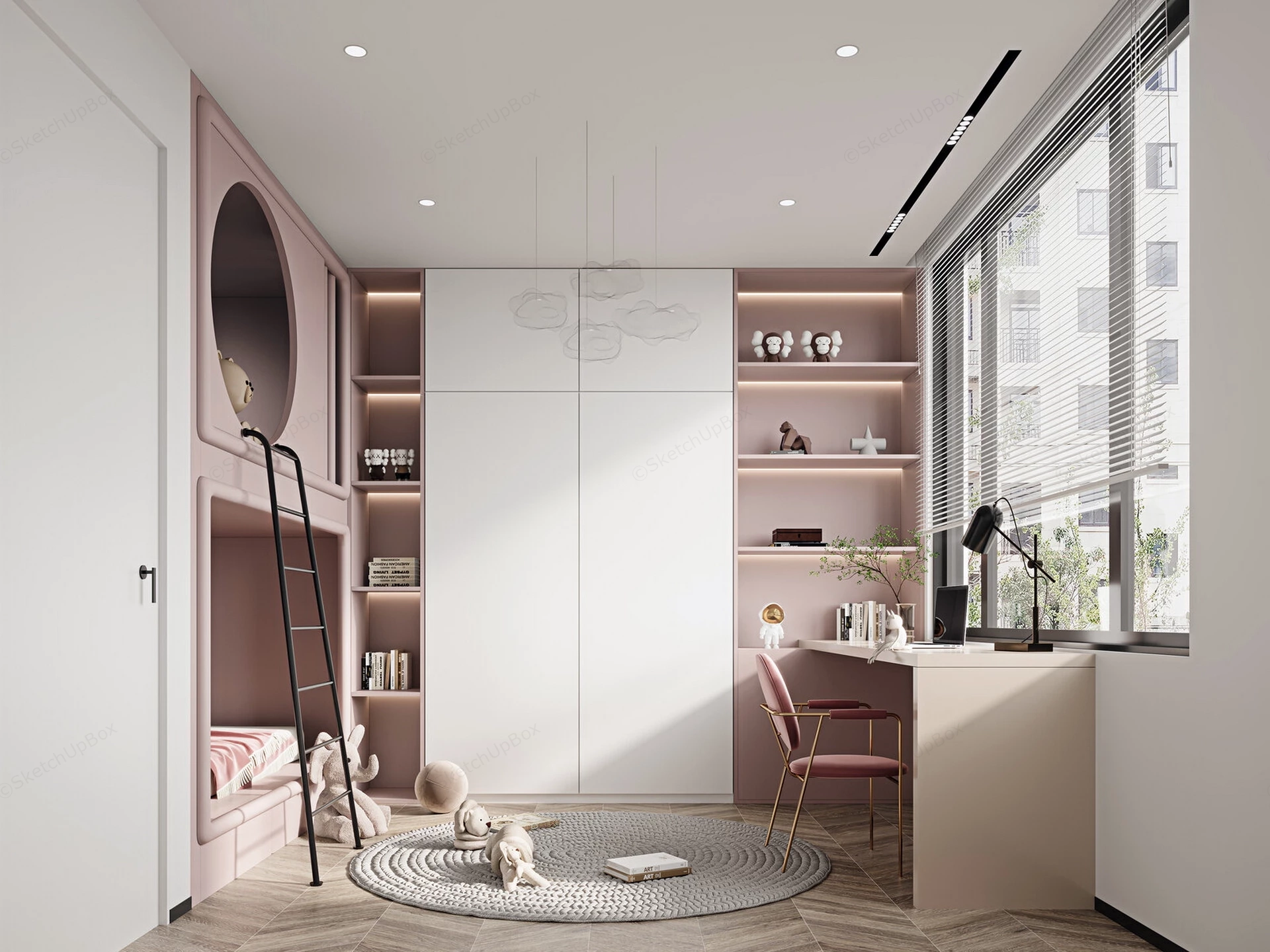 Modern Kids Bedroom With Built In Bunk Bed & Study Sketchup 3D Model Preview - SketchupBox