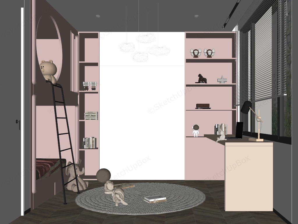 Modern Kids Bedroom With Built In Bunk Bed & Study Sketchup 3D Model Preview - SketchupBox