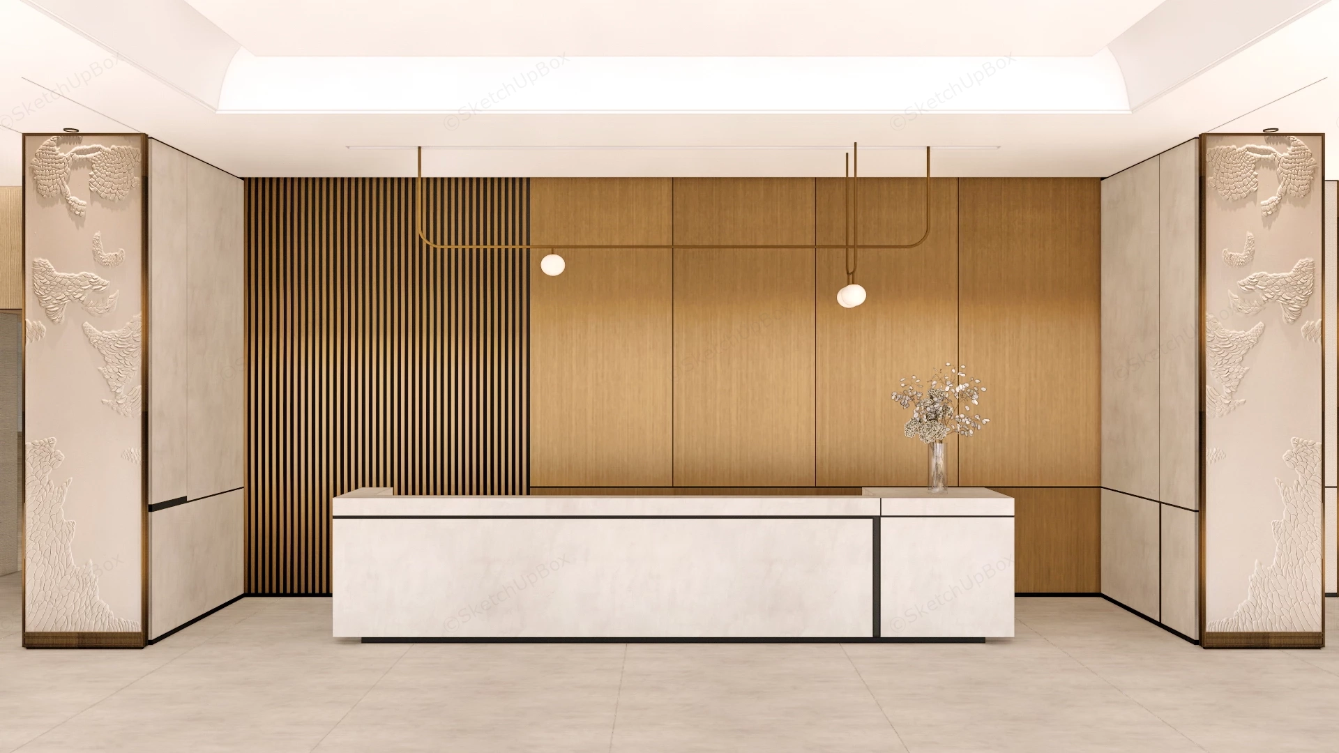 Modern Warm Wood Reception Counter & Backdrop Sketchup 3D Model Preview - SketchupBox