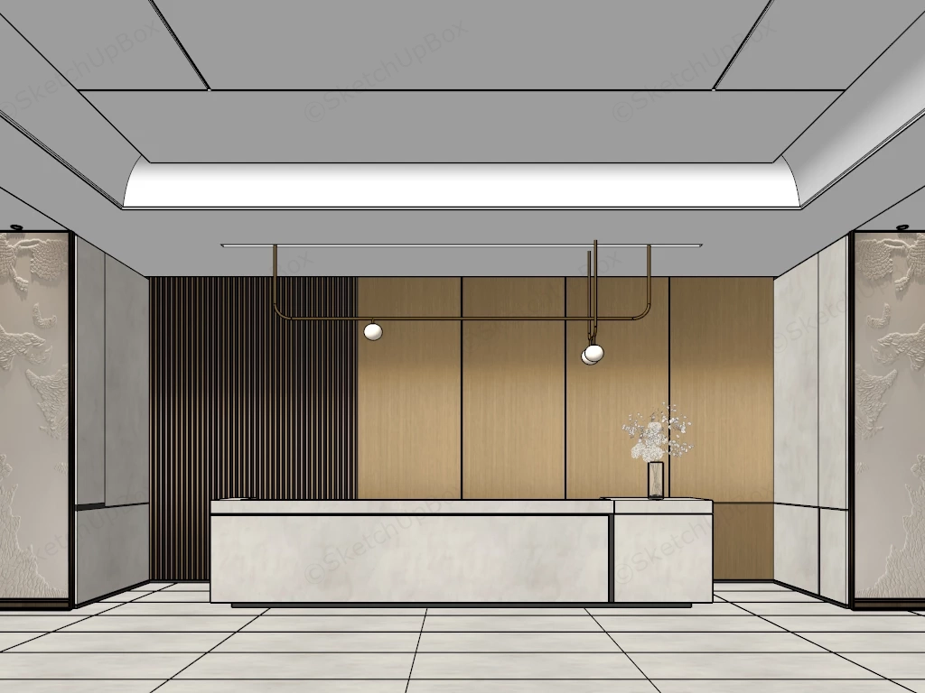 Modern Warm Wood Reception Counter & Backdrop Sketchup 3D Model Preview - SketchupBox