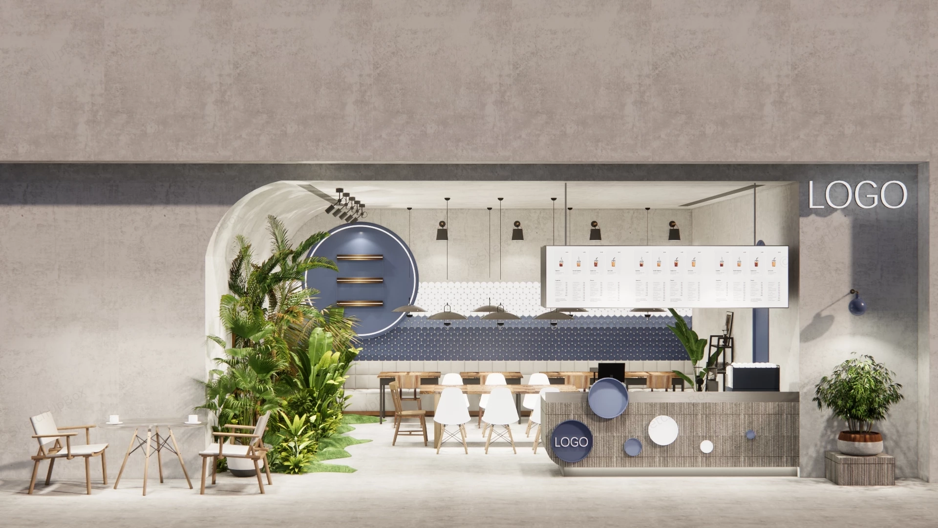 Tropical Biophilic Juice Bar & Cafe Interior Sketchup 3D Model Preview - SketchupBox