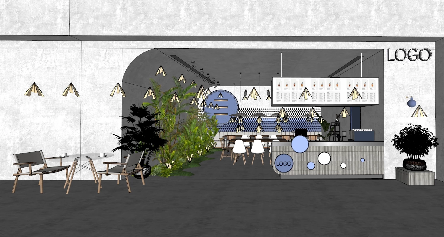 Tropical Biophilic Juice Bar & Cafe Interior Sketchup 3D Model Preview - SketchupBox