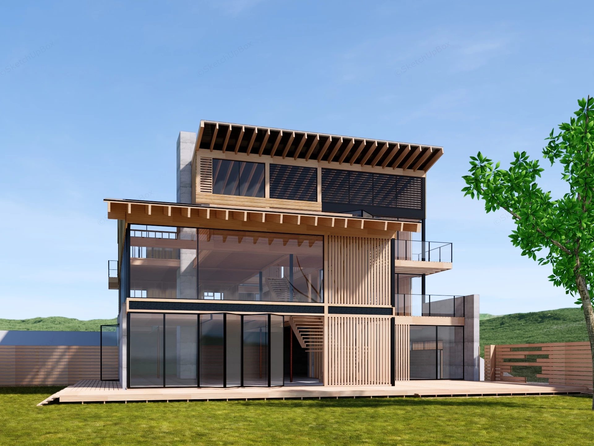 Modern Timber Hillside Villa Exterior Sketchup 3D Model Preview - SketchupBox