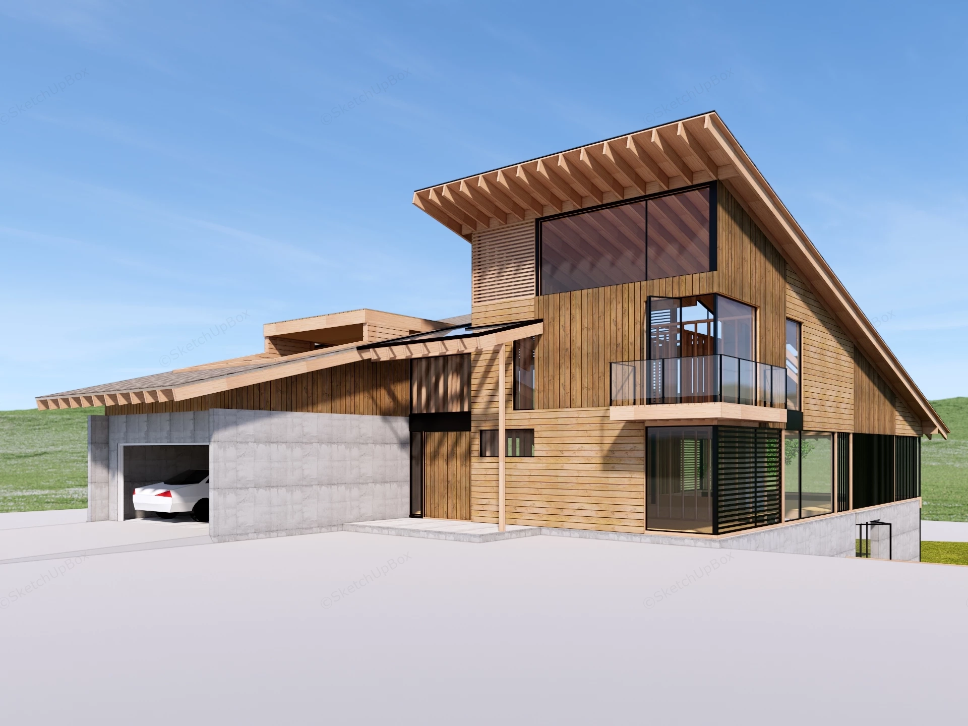 Modern Timber Hillside Villa Exterior Sketchup 3D Model Preview - SketchupBox