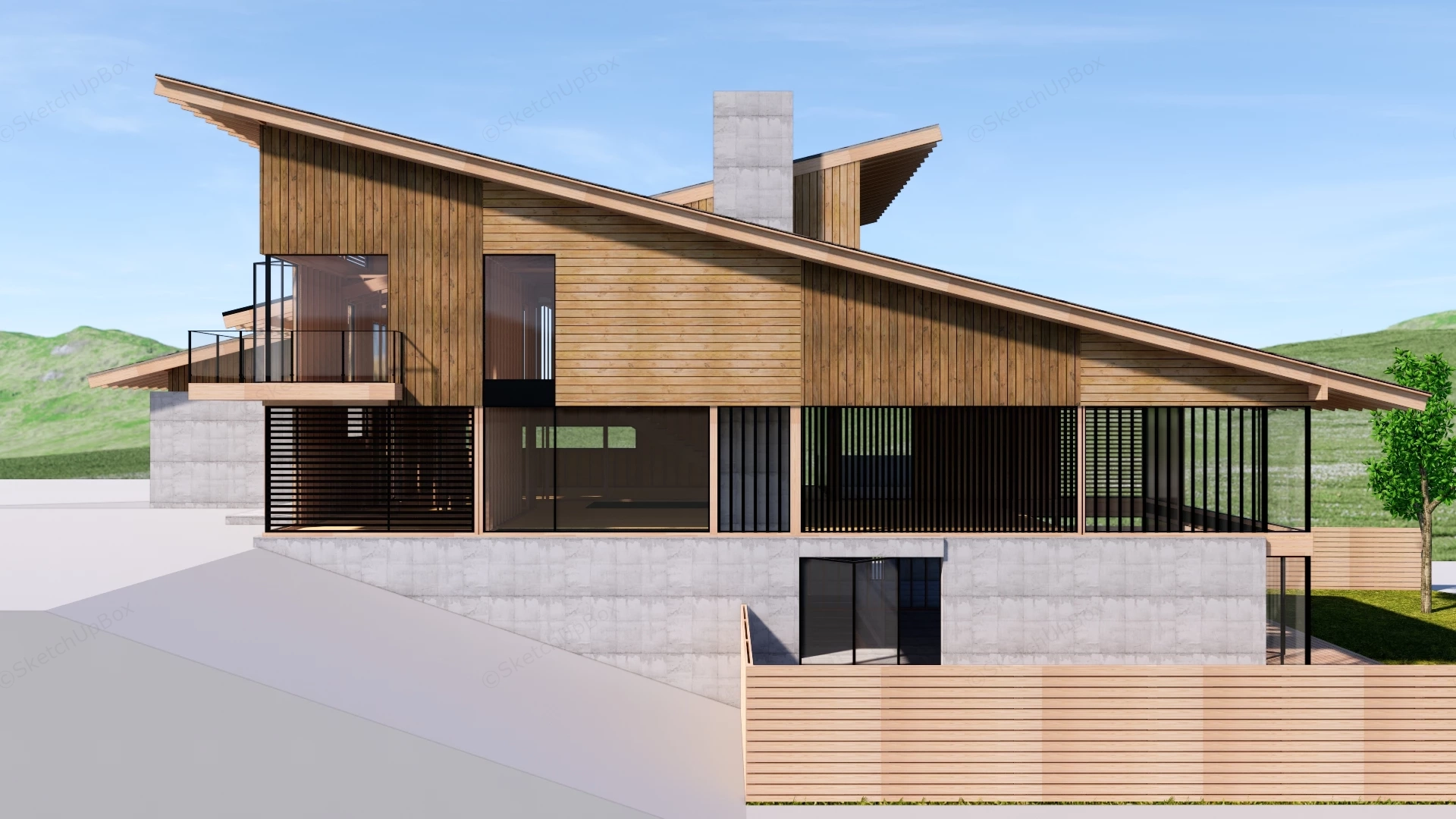 Modern Timber Hillside Villa Exterior Sketchup 3D Model Preview - SketchupBox