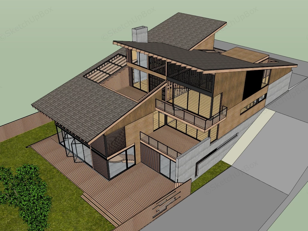 Modern Timber Hillside Villa Exterior Sketchup 3D Model Preview - SketchupBox