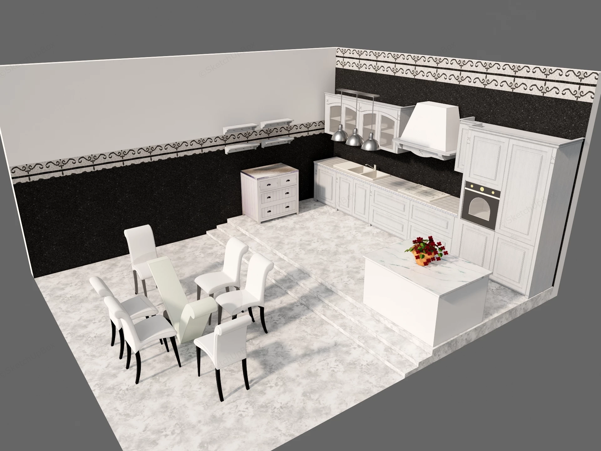 Classic White Shaker Kitchen & Dining Set Sketchup 3D Model Preview - SketchupBox