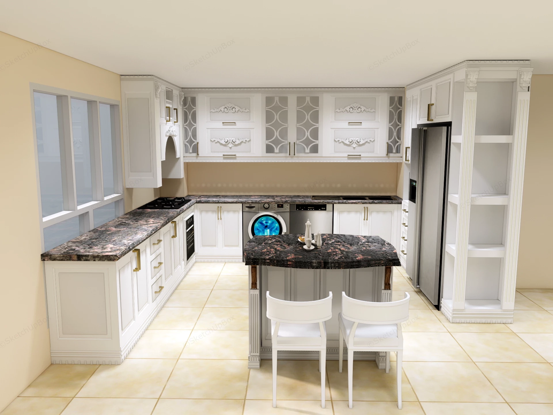 Neoclassical White Kitchen With Island Sketchup 3D Model Preview - SketchupBox