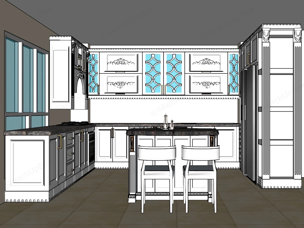 Neoclassical White Kitchen With Island Sketchup 3D Model Preview - SketchupBox