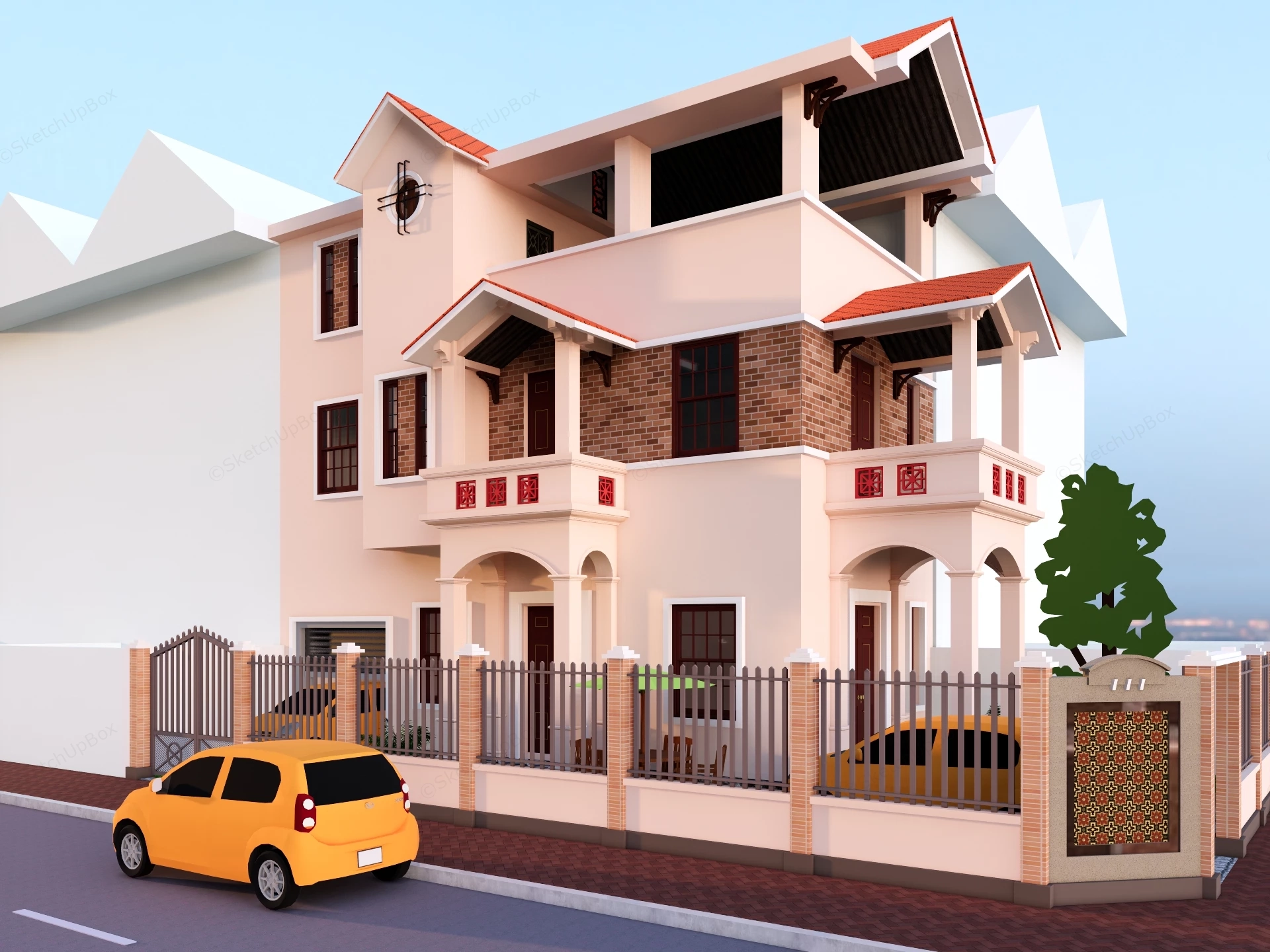 Three Story Colonial Townhouse & Courtyard Scene Sketchup 3D Model Preview - SketchupBox