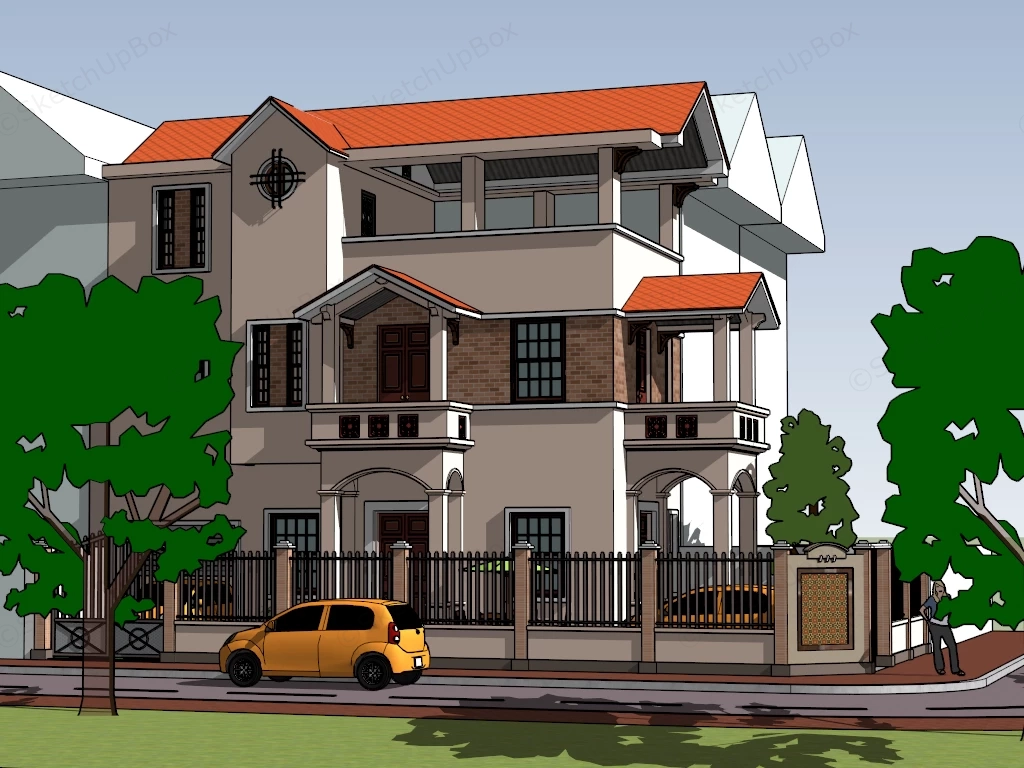 Three Story Colonial Townhouse & Courtyard Scene Sketchup 3D Model Preview - SketchupBox