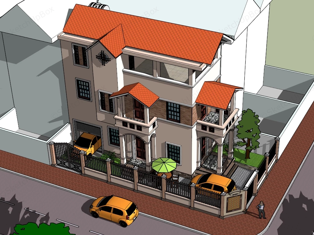 Three Story Colonial Townhouse & Courtyard Scene Sketchup 3D Model Preview - SketchupBox