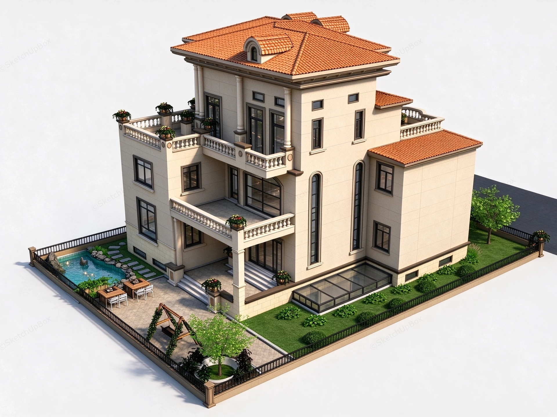 Classical European Villa With Landscaped Courtyard Sketchup 3D Model Preview - SketchupBox